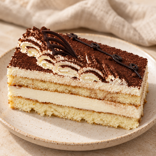 Tiramisu na kremowej ceramice — jasne warstwy biszkoptu i kremu, kakao oraz czekoladowe dekoracje.