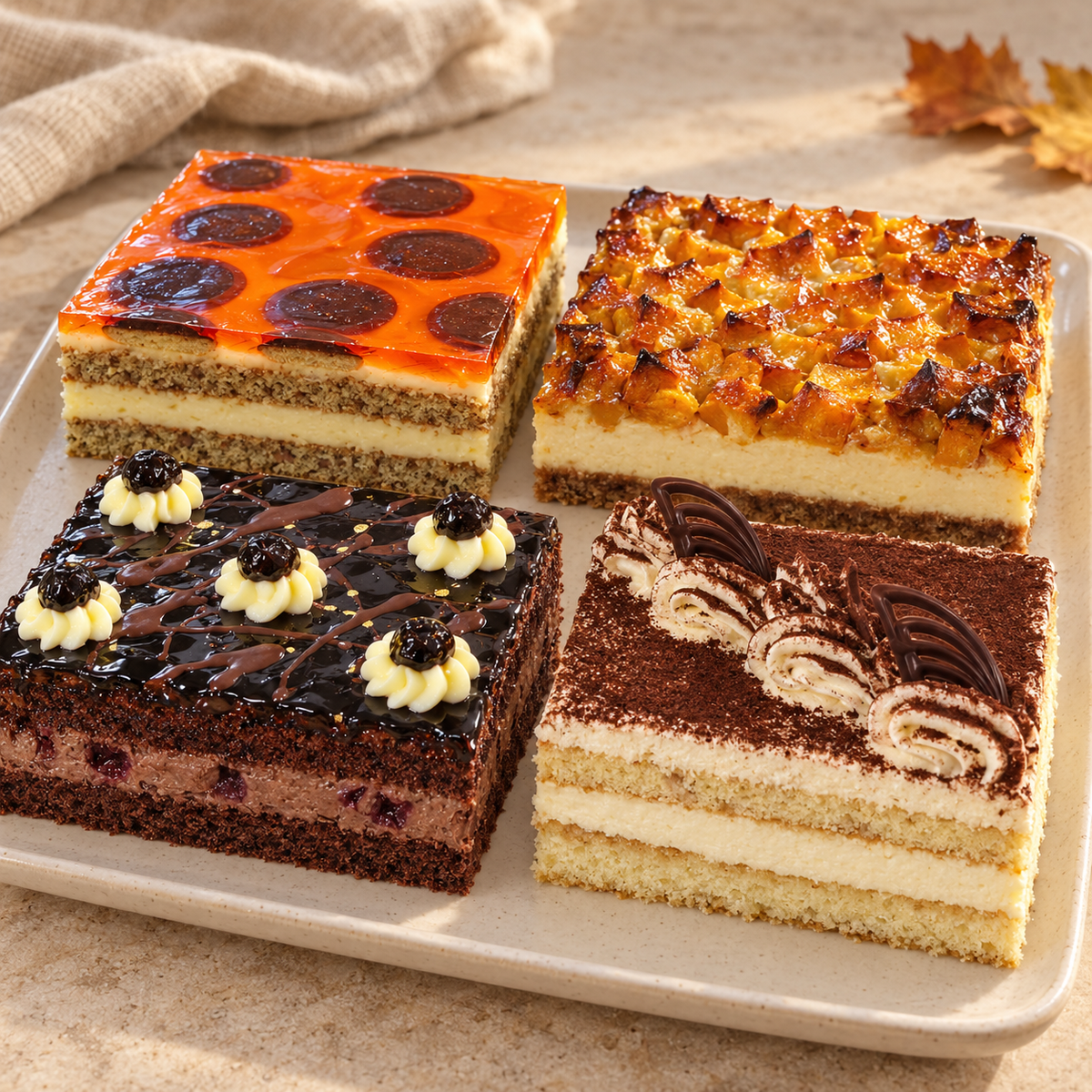 Zestaw jesienny duży: ciasto Delicja, sernik z dynią, ciasto czekoladowe z wiśnią i tiramisu w jesiennej aranżacji.