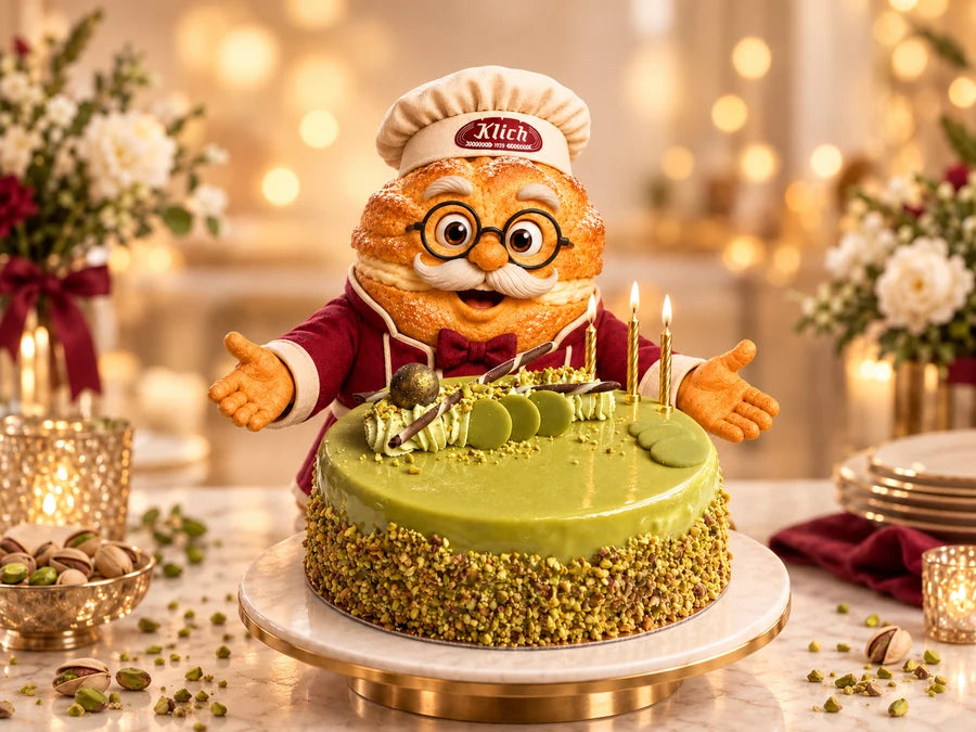 Mistrz Ptyś prezentuje tort pistacjowy Klich ze świeczkami
